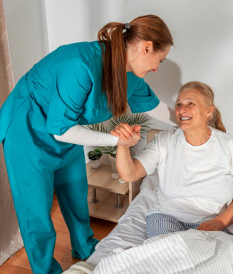 woman helping senior