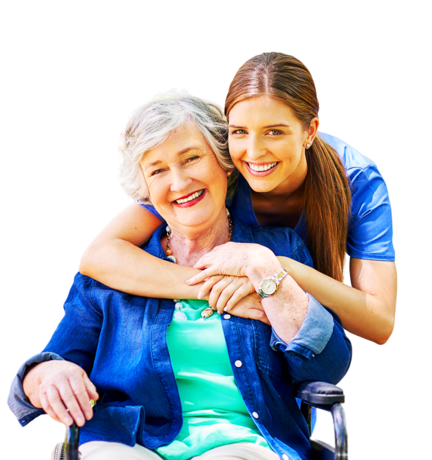 an elderly woman on a wheelchair with her caregiver